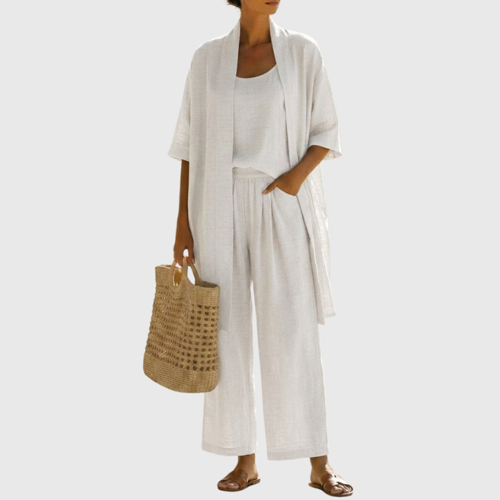 Women's lightweight linen-cotton three-piece set, perfect for breathable summer wear & relaxed style.
