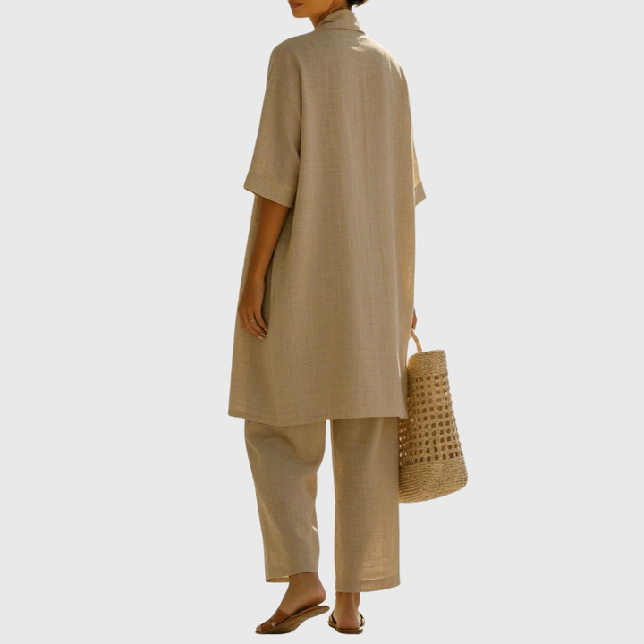 Breathable linen-cotton three-piece set for women, featuring a relaxed fit & ultimate comfort style.