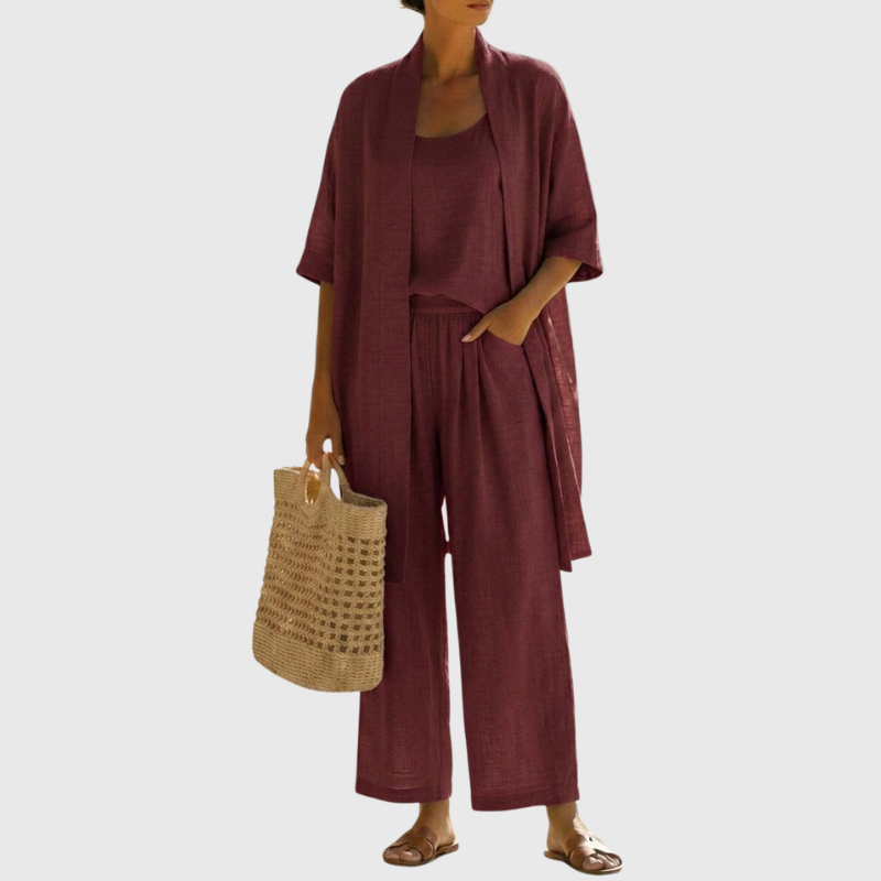 Detail shot: Women's lightweight linen-cotton three-piece set, highlighting breathable fabric and relaxed fit.