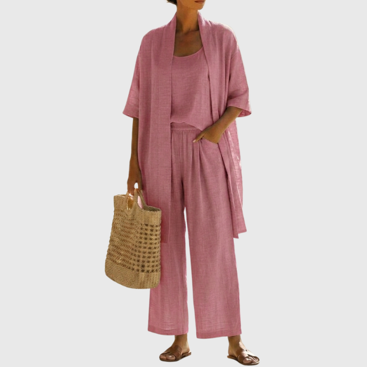 Full view of women's comfortable lightweight linen-cotton three-piece set, great for versatile summer fashion.