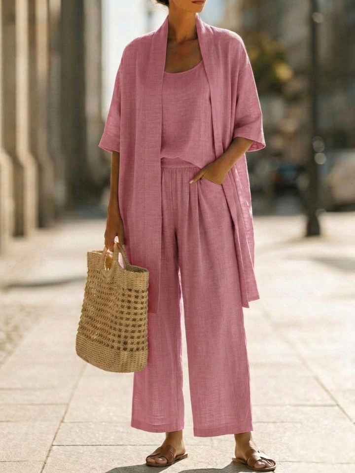 Soft, lightweight linen-cotton three-piece set for women, offering a relaxed fit & ultimate comfort.