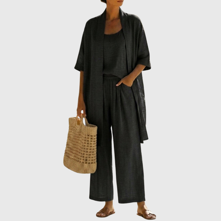 Versatile women's three-piece linen-cotton set, easily styled for casual summer outfits or vacation loungewear.