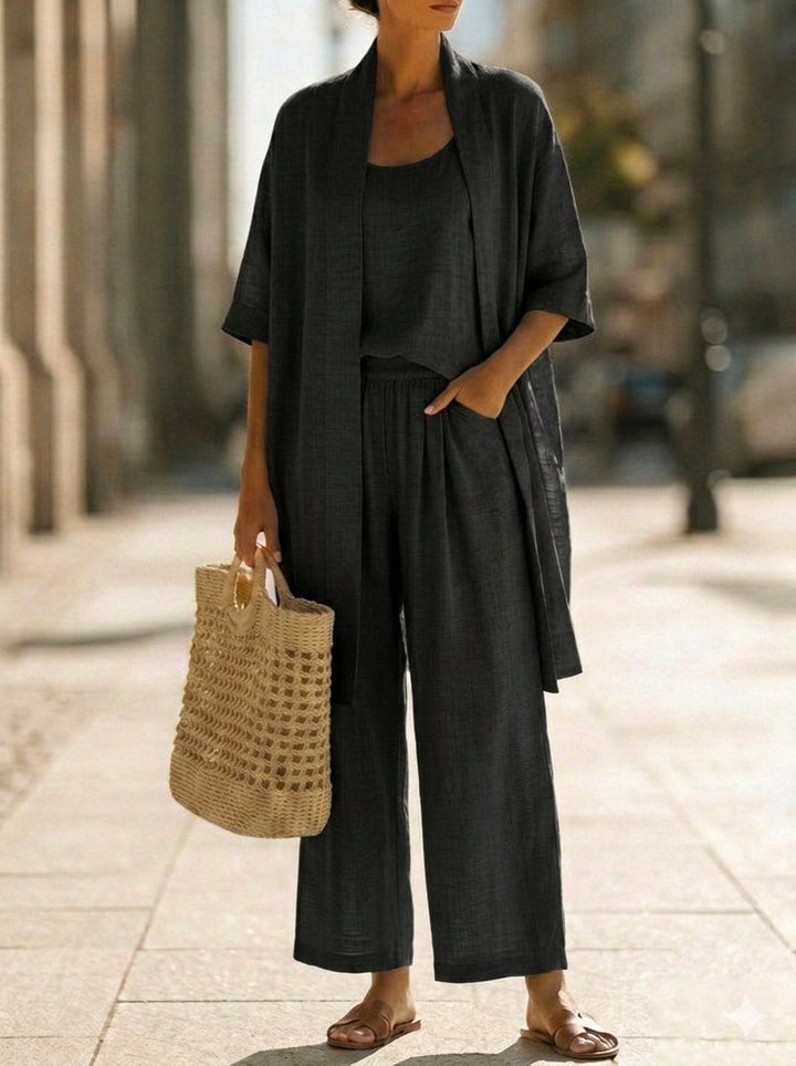 Women's relaxed fit linen-cotton three-piece loungewear set, breathable & perfect for ultimate comfort at home.