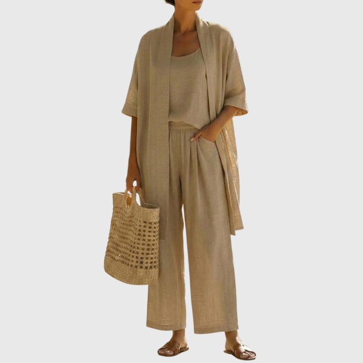 Stylish women's lightweight linen-cotton three-piece set, an essential for chic summer casual wear & comfort.