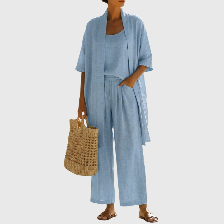Front view of a women's breathable linen-cotton three-piece set, showcasing its relaxed fit & summer style.