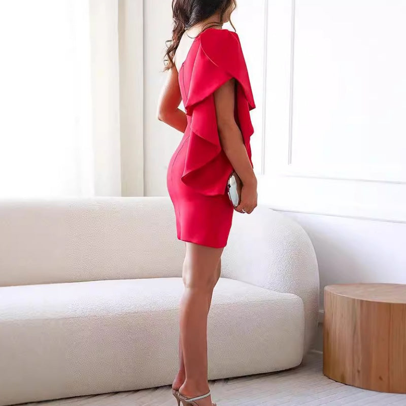 Draped bodycon one-shoulder mini cocktail dress for women, perfect for holiday parties & events.