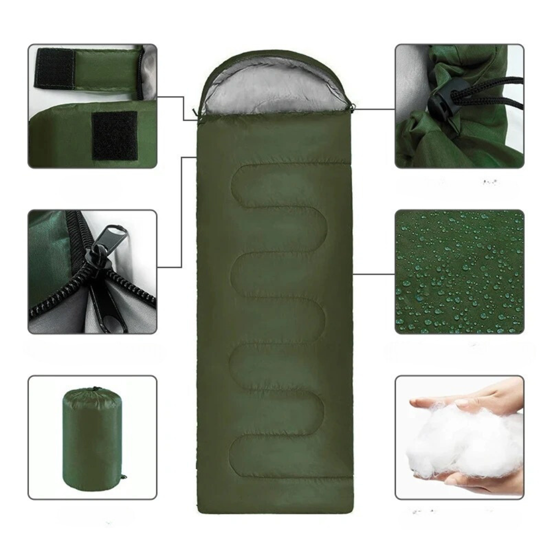 Durable polyester unisex sleeping bag, compact camp essential for outdoor hiking and camping adventures, offers warmth.
