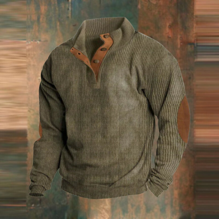 Men's ribbed button-collar jumper in navy, perfect for casual fall & winter everyday wear and comfort.