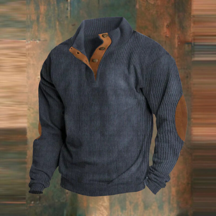 Comfortable men's long-sleeve ribbed jumper with stylish button collar, ideal for cool weather fashion.