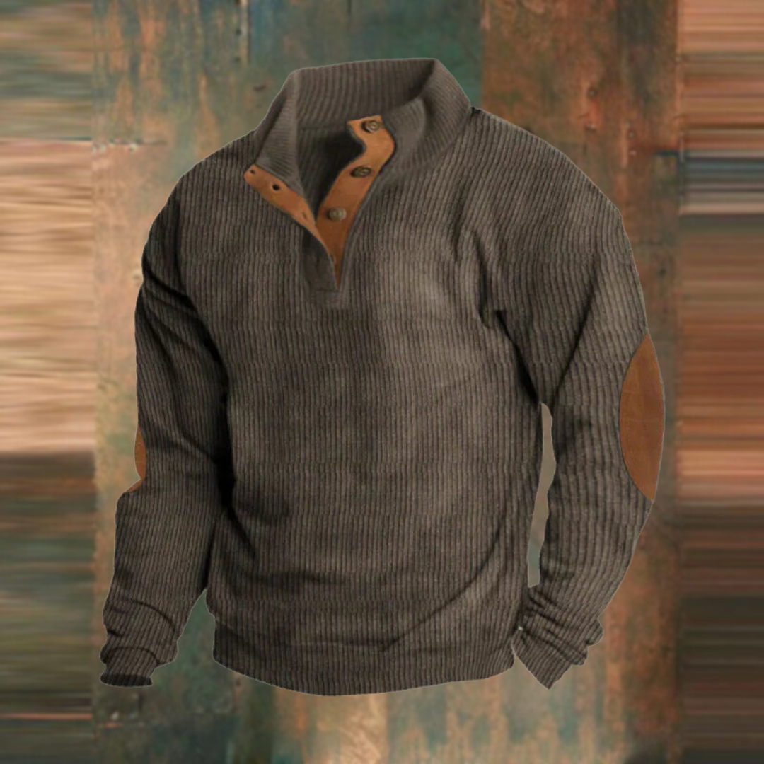 Casual men's ribbed sweater featuring a unique button-collar design, great for fall and winter style.
