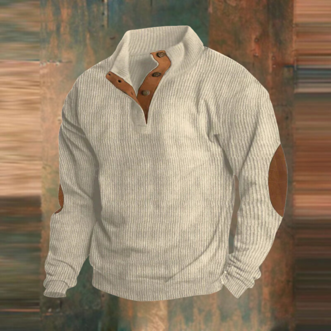 Soft men's button-collar ribbed knit jumper in grey, offering everyday comfort and a classic look.