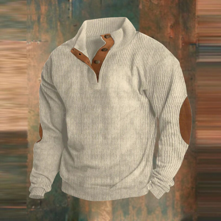 Soft men's button-collar ribbed knit jumper in grey, offering everyday comfort and a classic look.