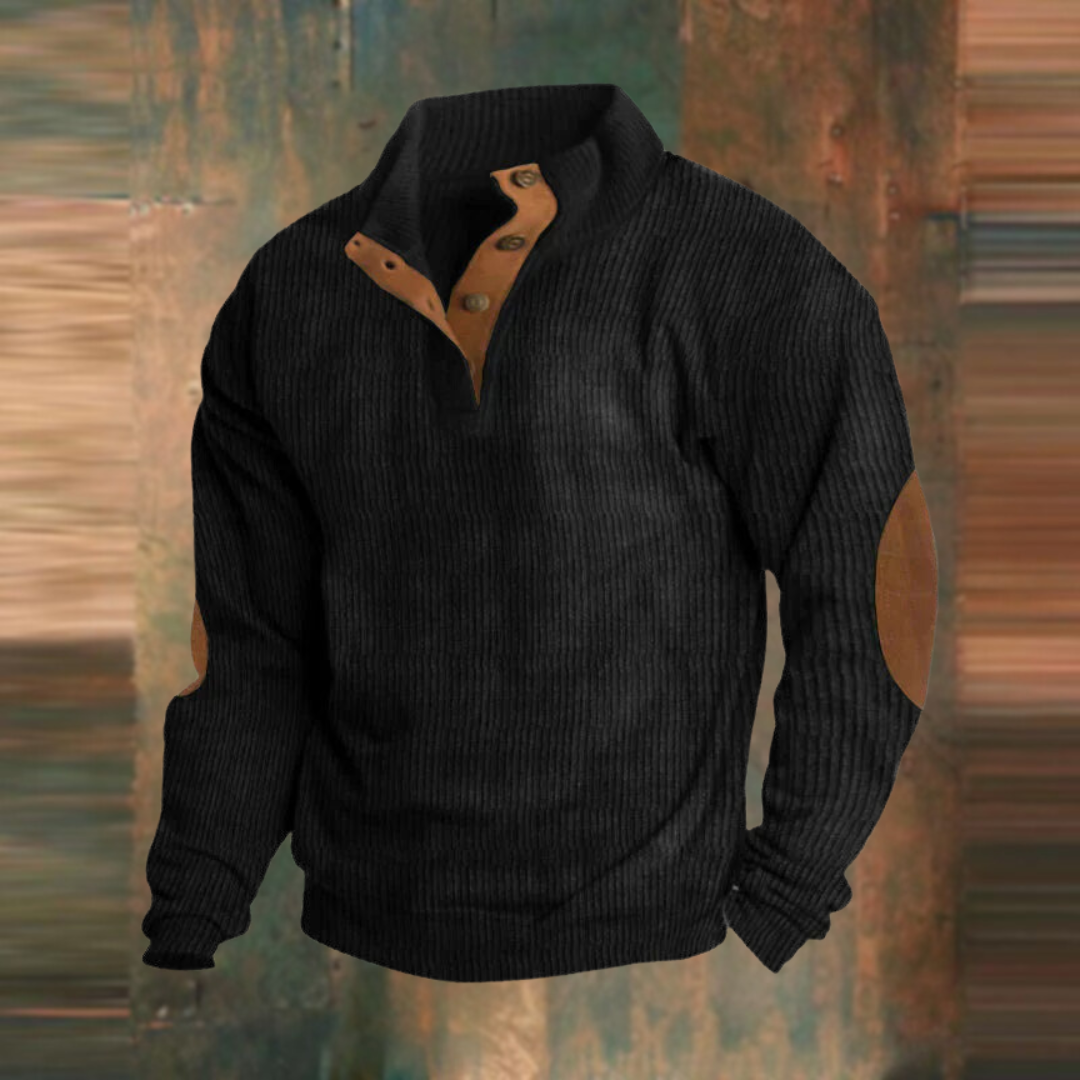 Stylish men's ribbed long-sleeve jumper with button-up collar, suitable for casual fall & winter outfits.