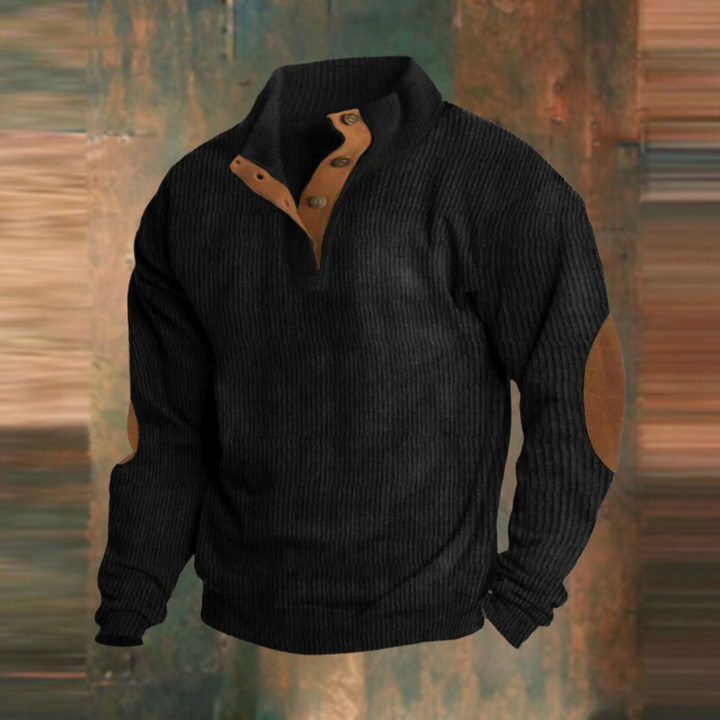 Stylish men's ribbed long-sleeve jumper with button-up collar, suitable for casual fall & winter outfits.