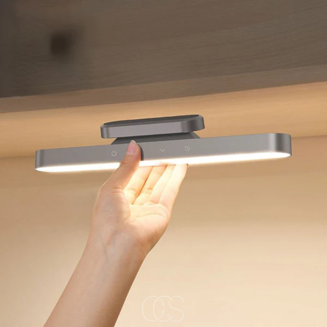 Wireless magnetic LED lamp, rechargeable, portable for home & office lighting. Easy install, adjustable light.