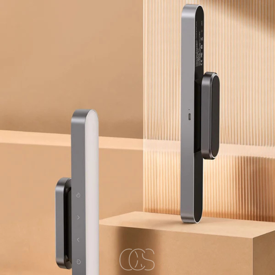 Adjustable wireless LED desk lamp. Portable, dimmable, rechargeable light for reading or ambiance in home/office.