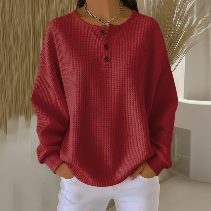 Versatile women's waffle knit sweatshirt, button-front casual top ideal for loungewear or everyday fashion.