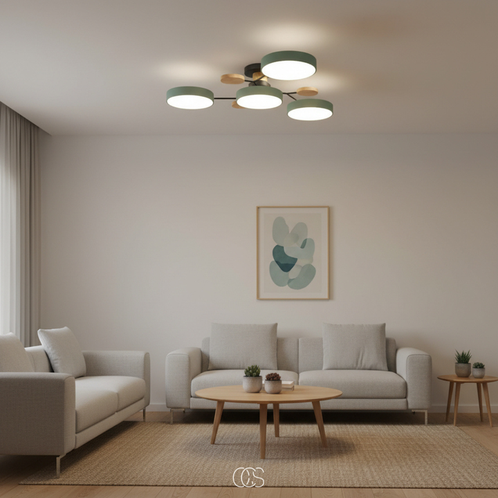 Contemporary metal macaron LED ceiling light, round flush mount, perfect modern interior design accent.