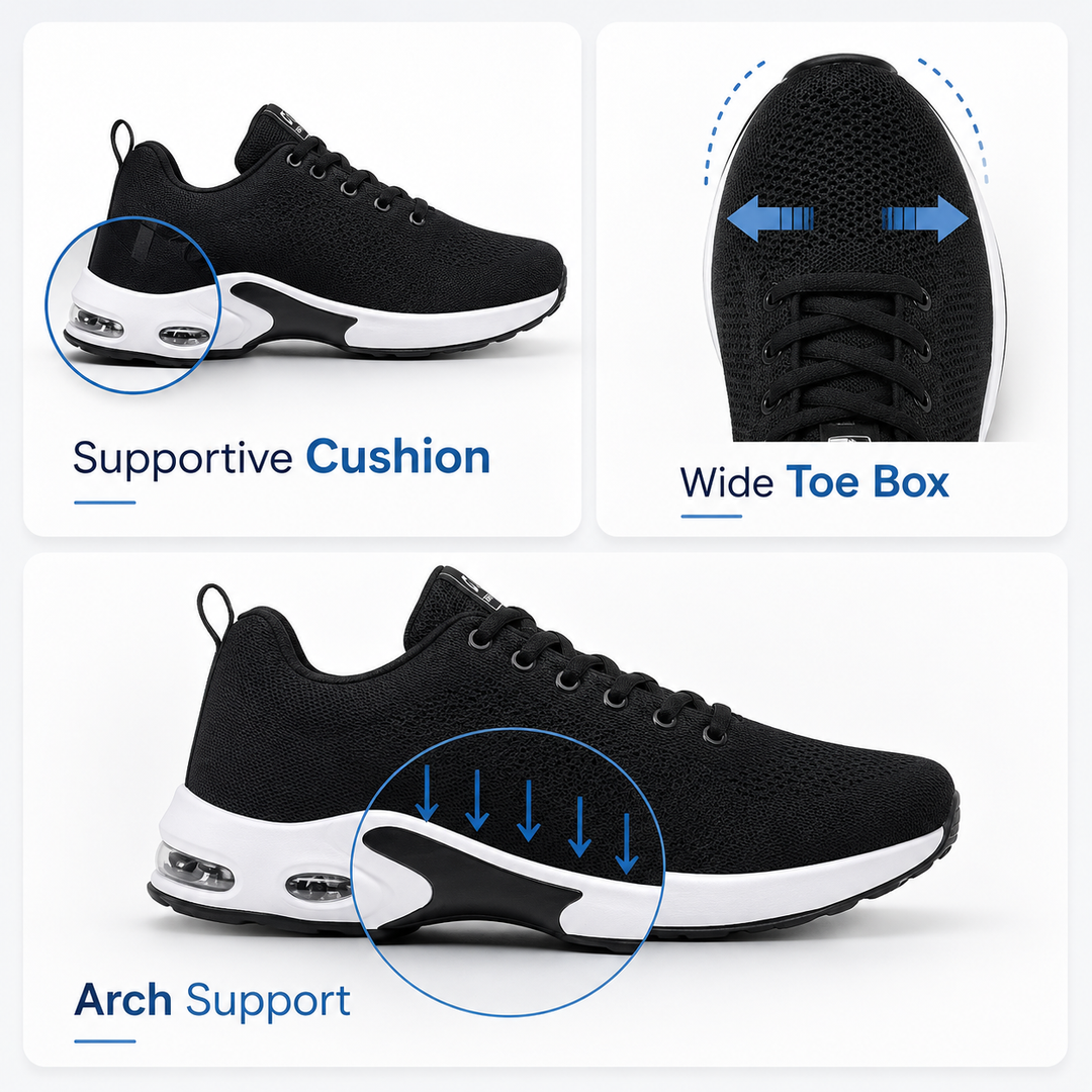 Comfortable women's walking shoes with air cushion & foot support, perfect for long walks & casual wear.
