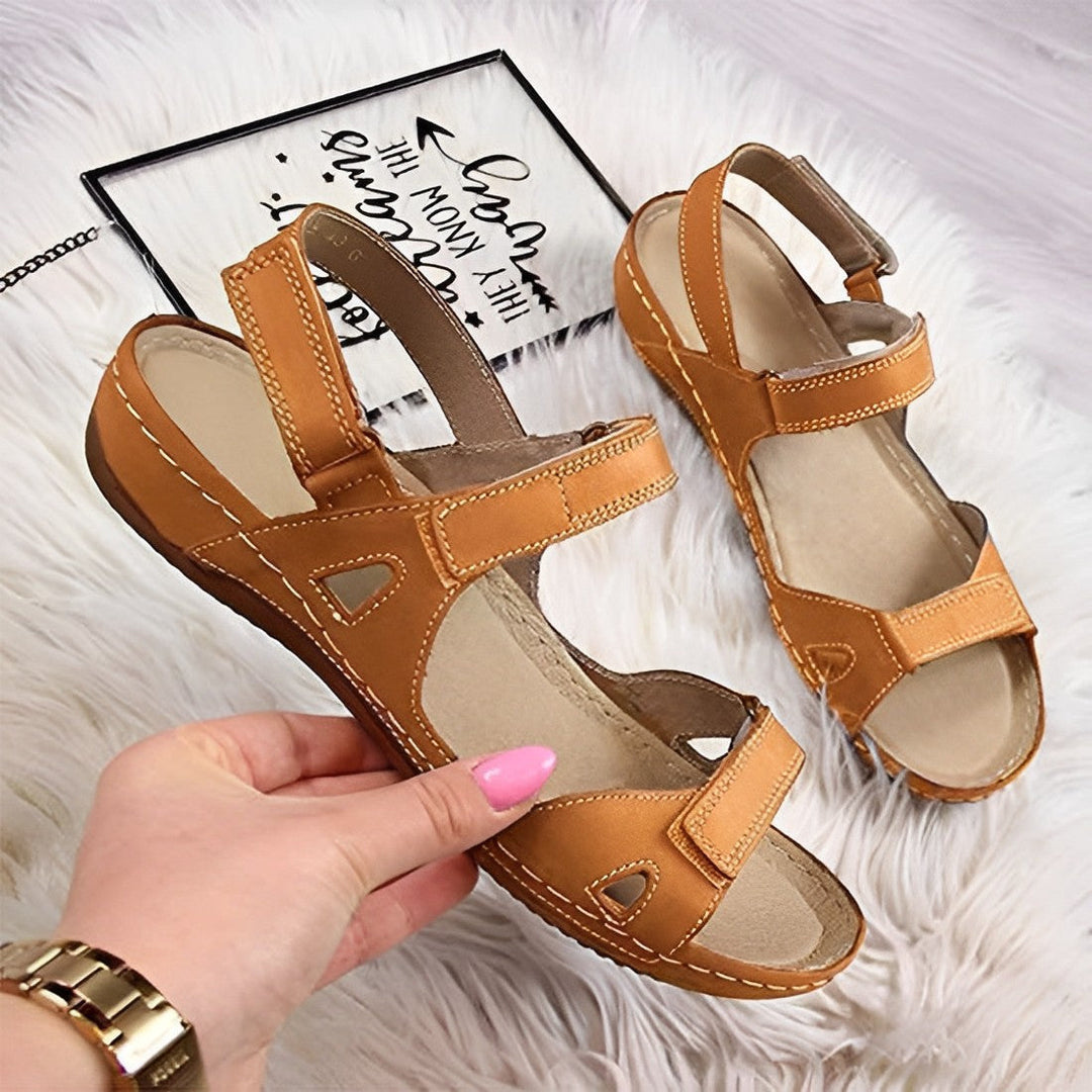 Close-up of durable materials and soft straps on women's orthopedic arch support sandals.