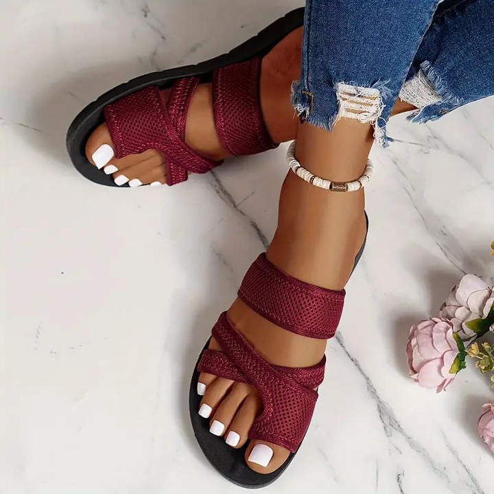 Close-up of the supportive arch in women's orthopedic slip-on sandals for ultimate comfort.
