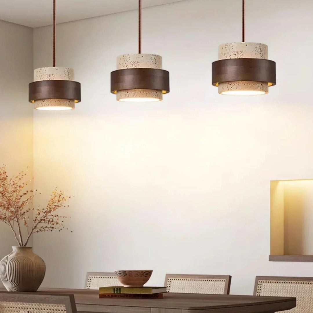 Japandi modern lighting, natural cylinder pendant.