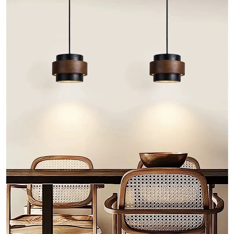 Kitchen lighting with natural cylinder pendant, minimalist.