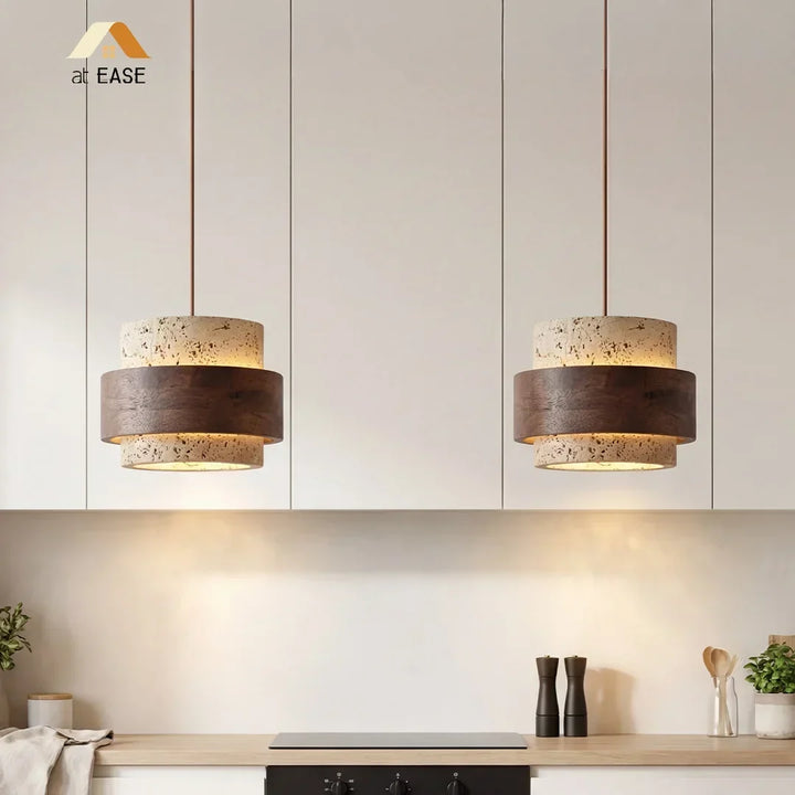 Japandi modern pendant light, natural cylinder for dining.