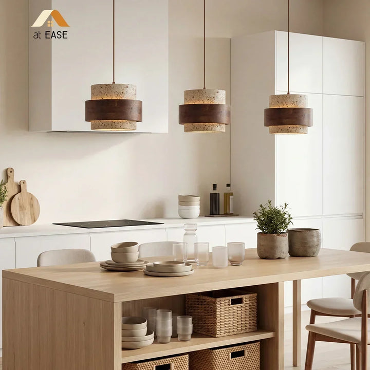 Kitchen island lighting, natural cylinder pendant, Japandi.