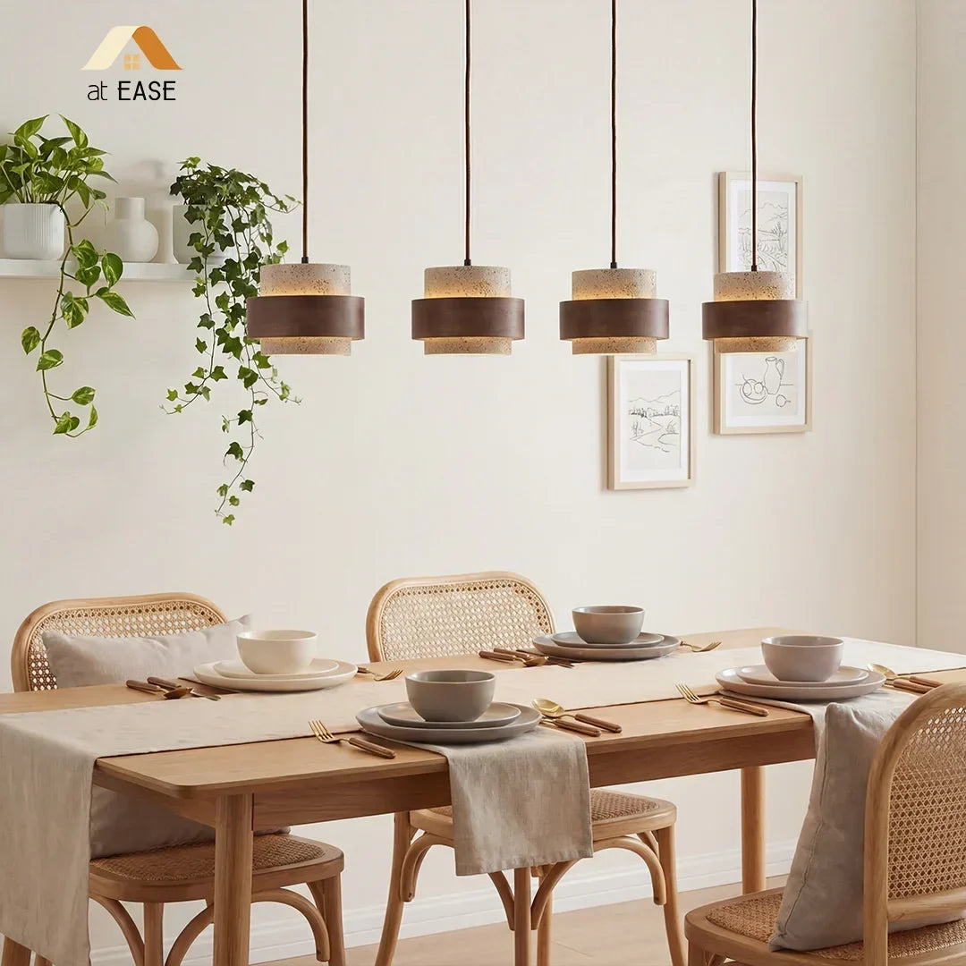 Modern cylinder pendant lamp, natural finish, Japandi flair.