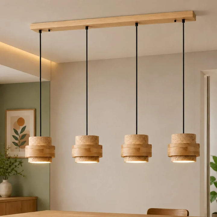 Cylinder pendant lamp, Japandi style, natural finish for modern kitchens.