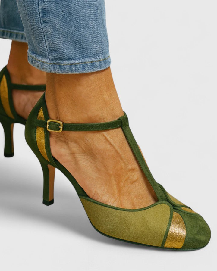 Comfortable women's green orthopedic heels featuring arch support & non-slip sole, ideal for daily wear or parties.