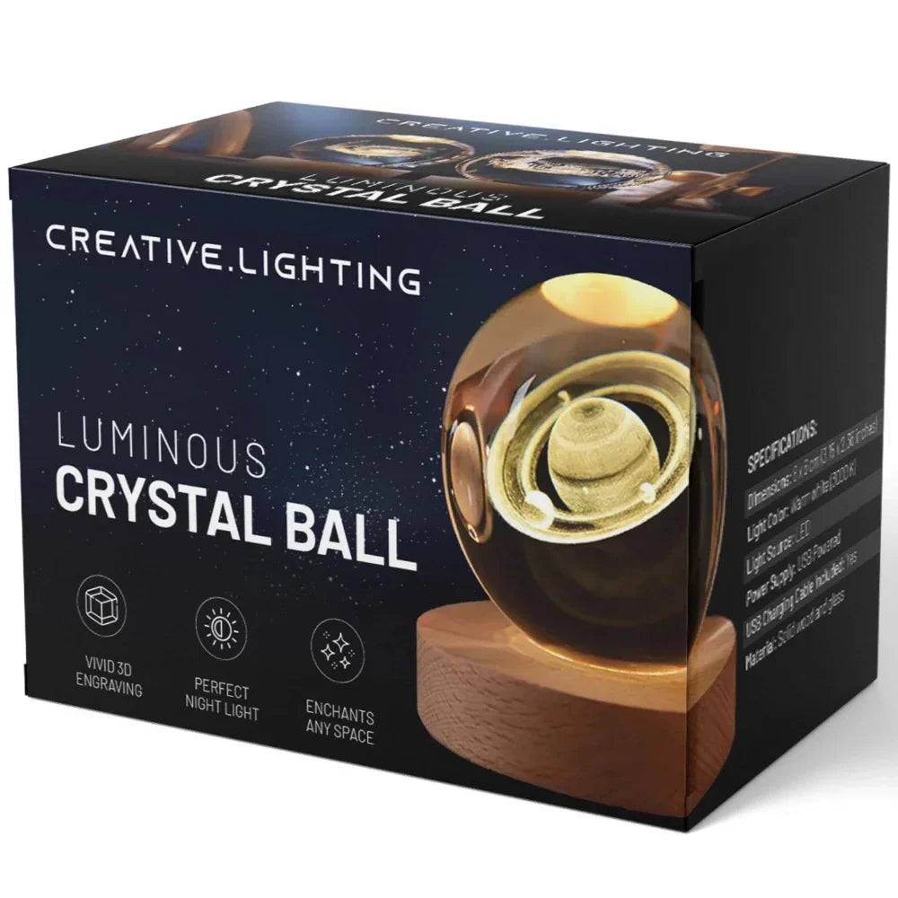 Decorative 3D engraved planetary crystal ball LED desktop lamp with a wooden base. Enhances room aesthetic.