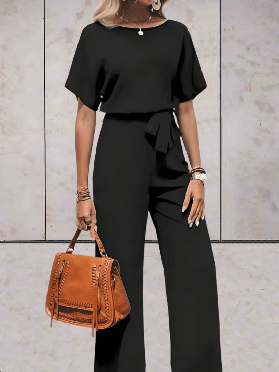 Women's Wide-Leg Jumpsuit Short Sleeve Belted