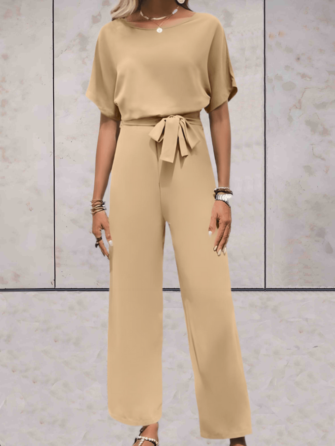 Women's Wide-Leg Jumpsuit Short Sleeve Belted
