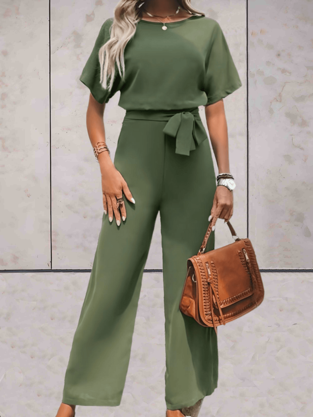 Women's Wide-Leg Jumpsuit Short Sleeve Belted