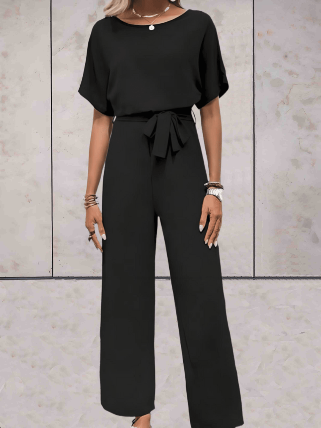 Women's Wide-Leg Jumpsuit Short Sleeve Belted