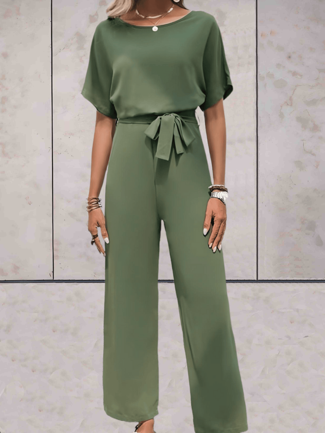 Women's Wide-Leg Jumpsuit Short Sleeve Belted