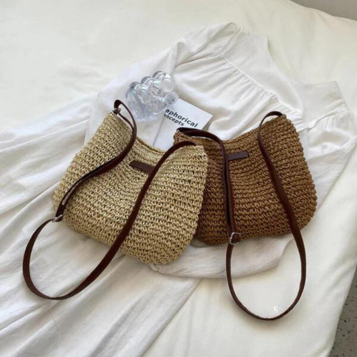 Modern women's beige woven crossbody bag, a compact and chic handbag with a comfortable adjustable strap.