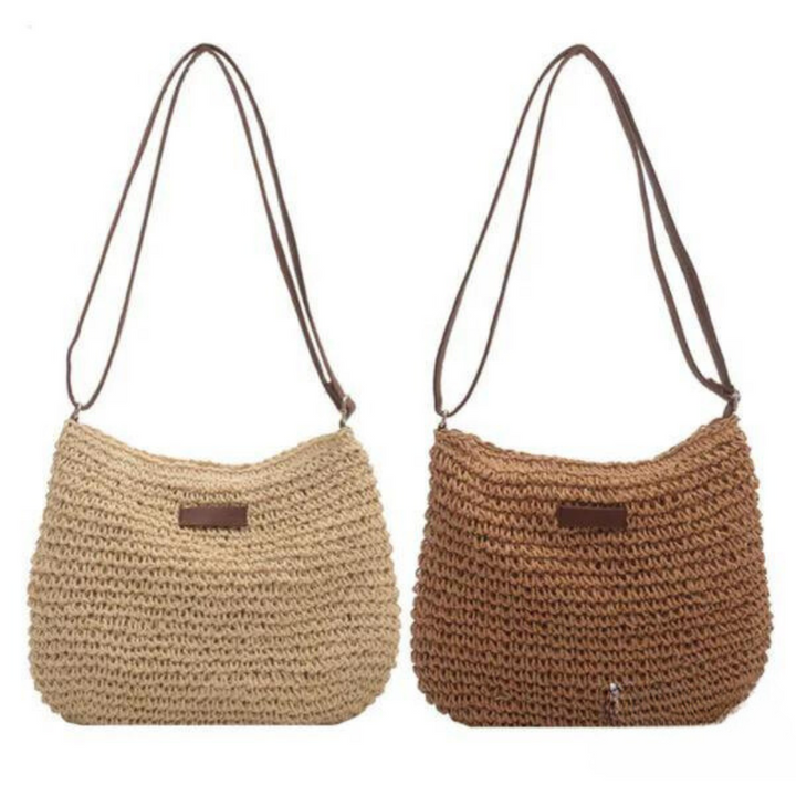 Versatile women's brown woven crossbody bag, perfect as an everyday fashion accessory with an adjustable design.