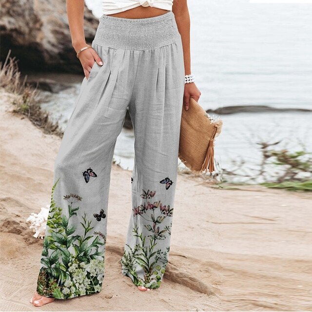 Women's Wide-Leg Trousers with Floral Border