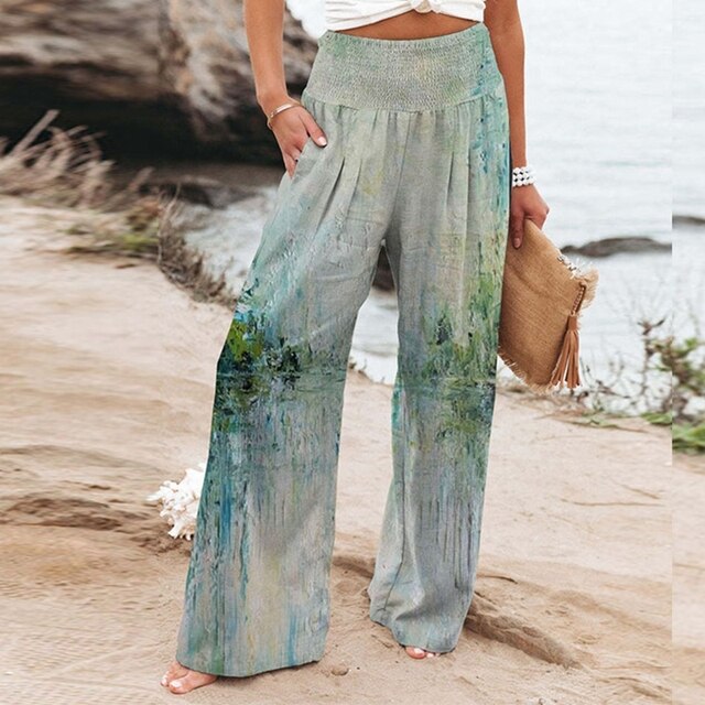 Women's Wide-Leg Trousers with Floral Border