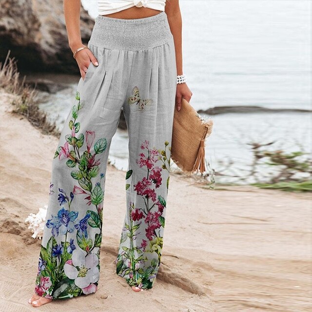 Women's Wide-Leg Trousers with Floral Border
