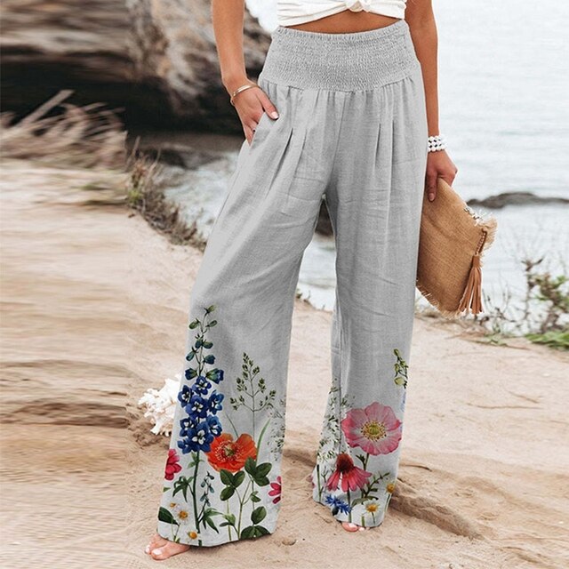 Women's Wide-Leg Trousers with Floral Border