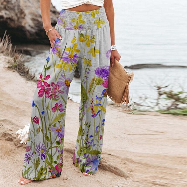 Women's Wide-Leg Trousers with Floral Border