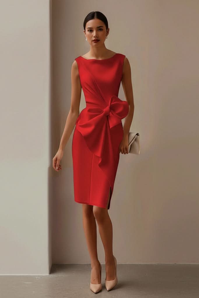 Sophisticated women's sleeveless midi dress with an elegant bow, perfect for cocktails & events.