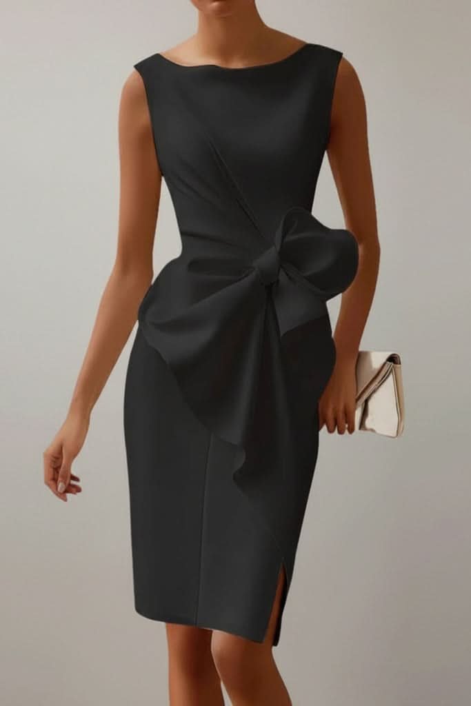 Classic black sleeveless cocktail midi dress for women, designed with an elegant bow accent.