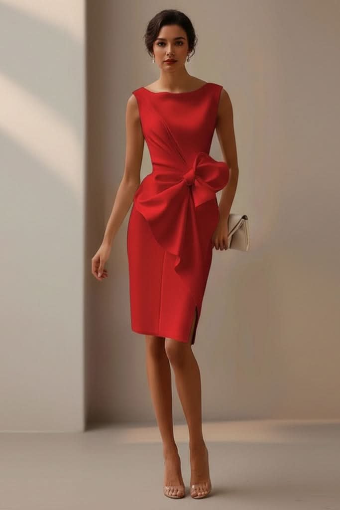 Stylish women's sleeveless formal midi dress with an elegant bow, great for parties & events.