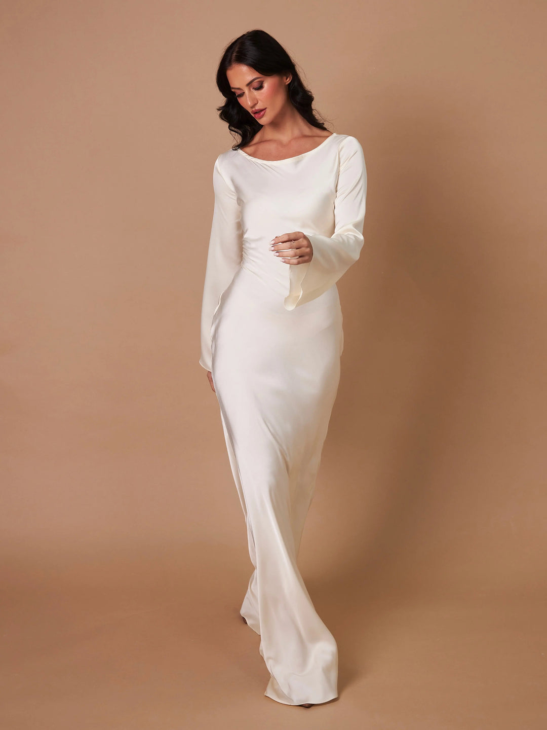 Women's Long Sleeve Cowl Neck Maxi Dress - Ivory, Black, Wine Red
