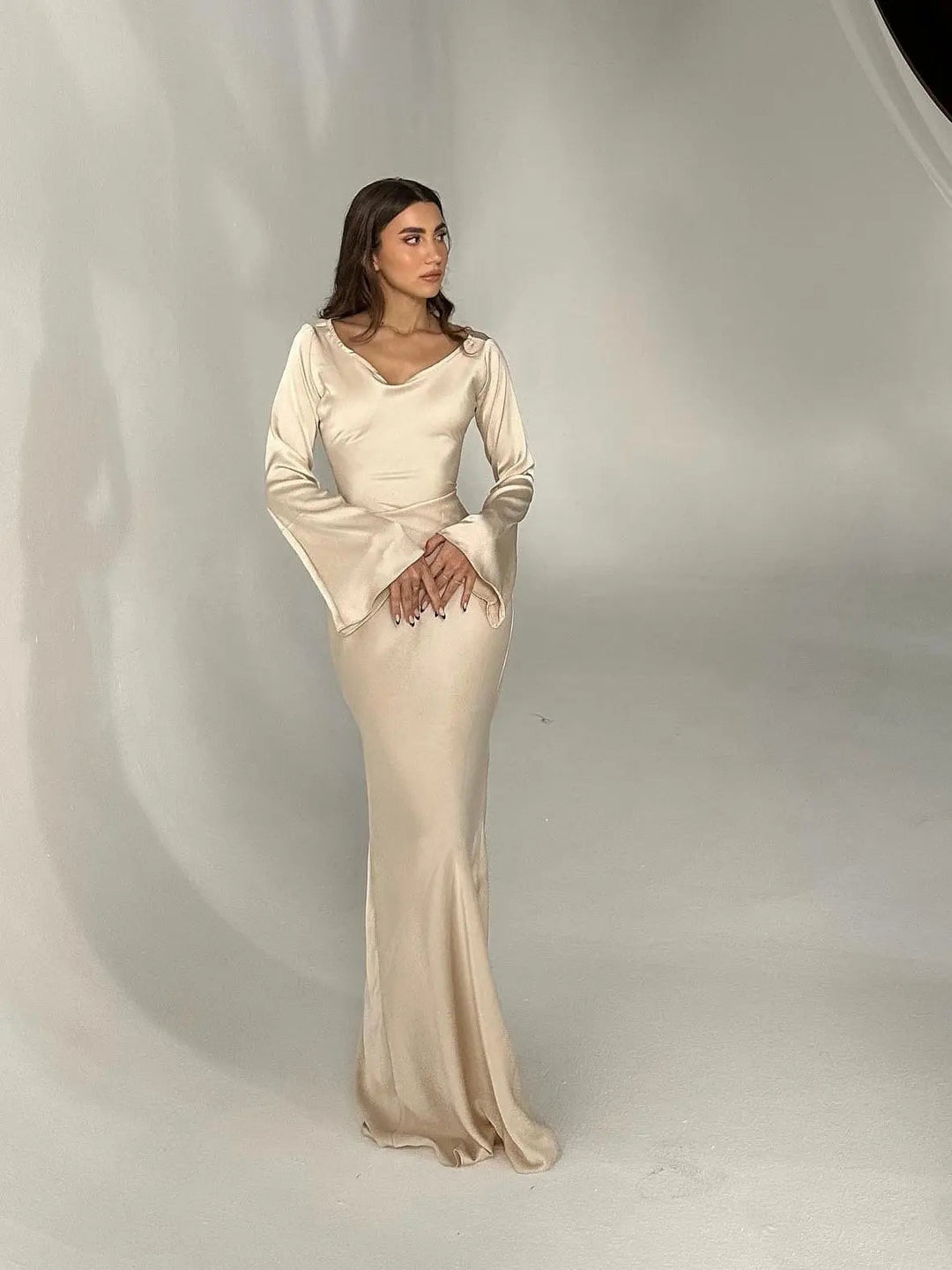 Women's Long Sleeve Cowl Neck Maxi Dress - Ivory, Black, Wine Red